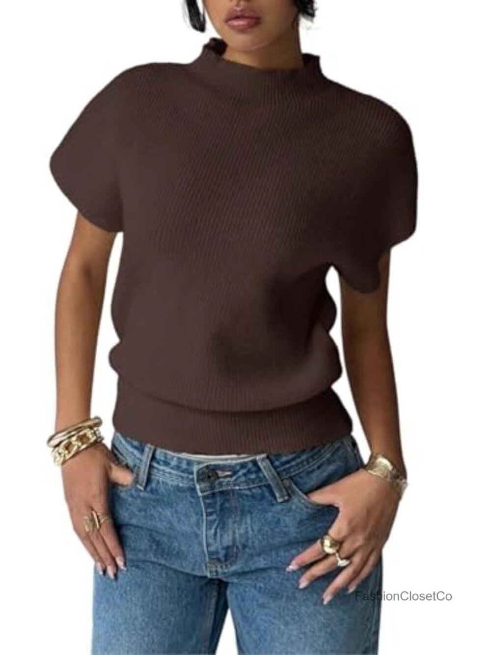 Mock Neck Ribbed Knit Short Sleeve Pullover Top